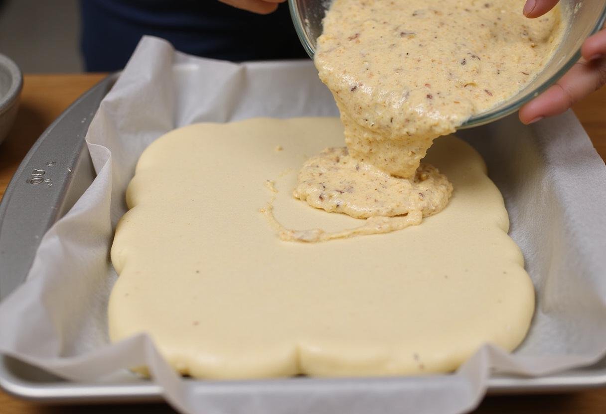 Pouring the cloud bread mixture into a baking tray, illustrating how to prepare cottage cheese cloud bread with 3 simple ingredients.