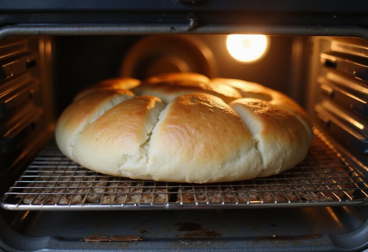 Freshly baked cottage cheese cloud bread emerging from the oven, showcasing its light and fluffy texture, perfect for a quick breakfast or snack.