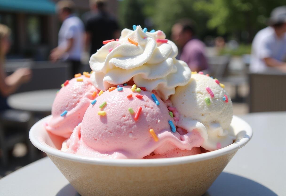 Delicious cotton candy ice cream served with whipped cream and sprinkles, perfect for summer treats.