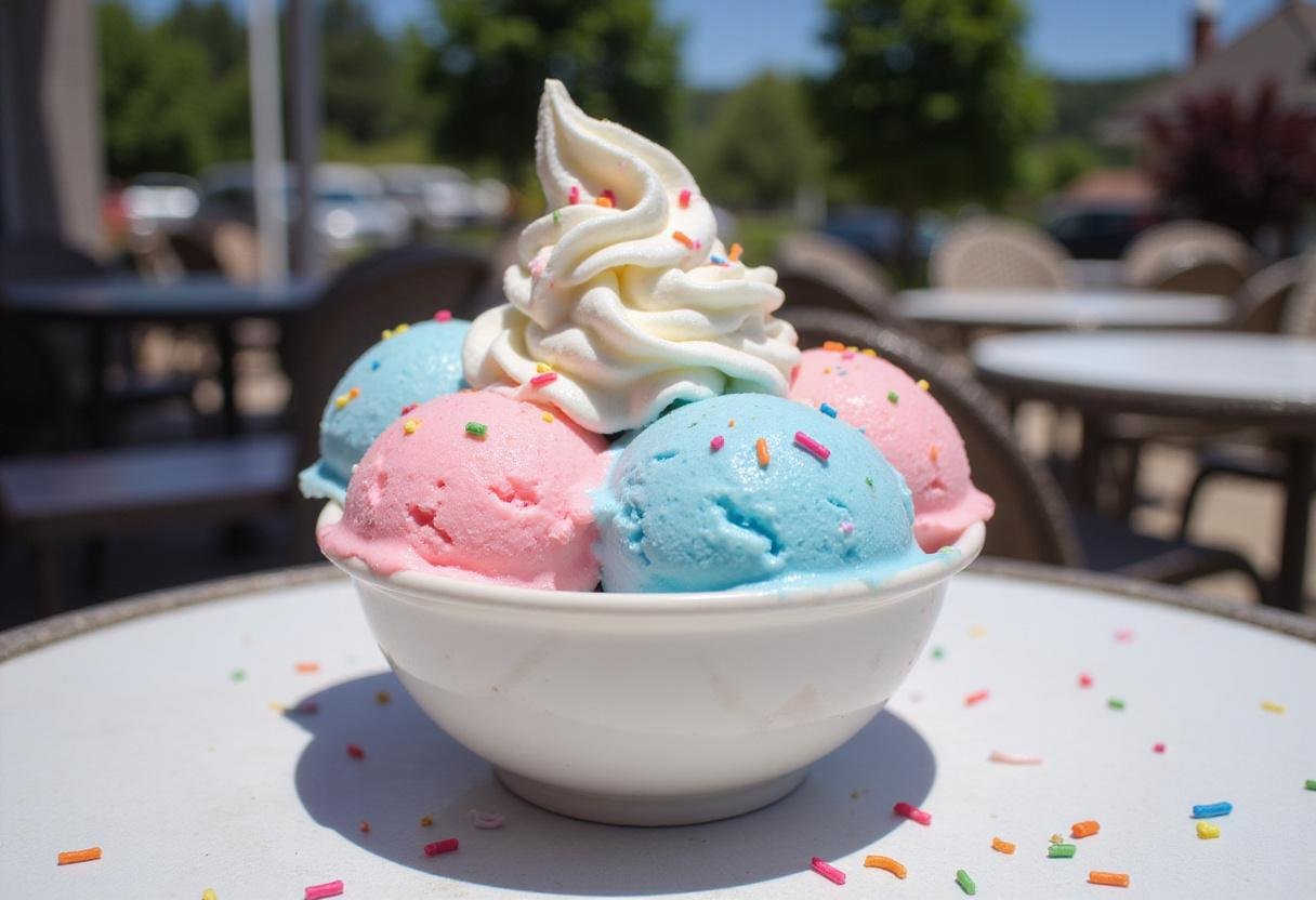 Delicious cotton candy ice cream served with whipped cream and sprinkles, perfect for summer treats.