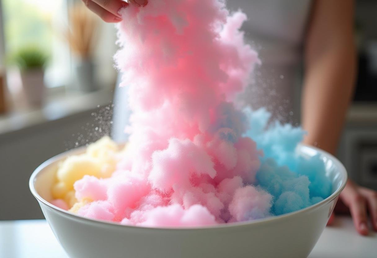 Colorful cotton candy preparation for cotton candy ice cream, bright kitchen setting.