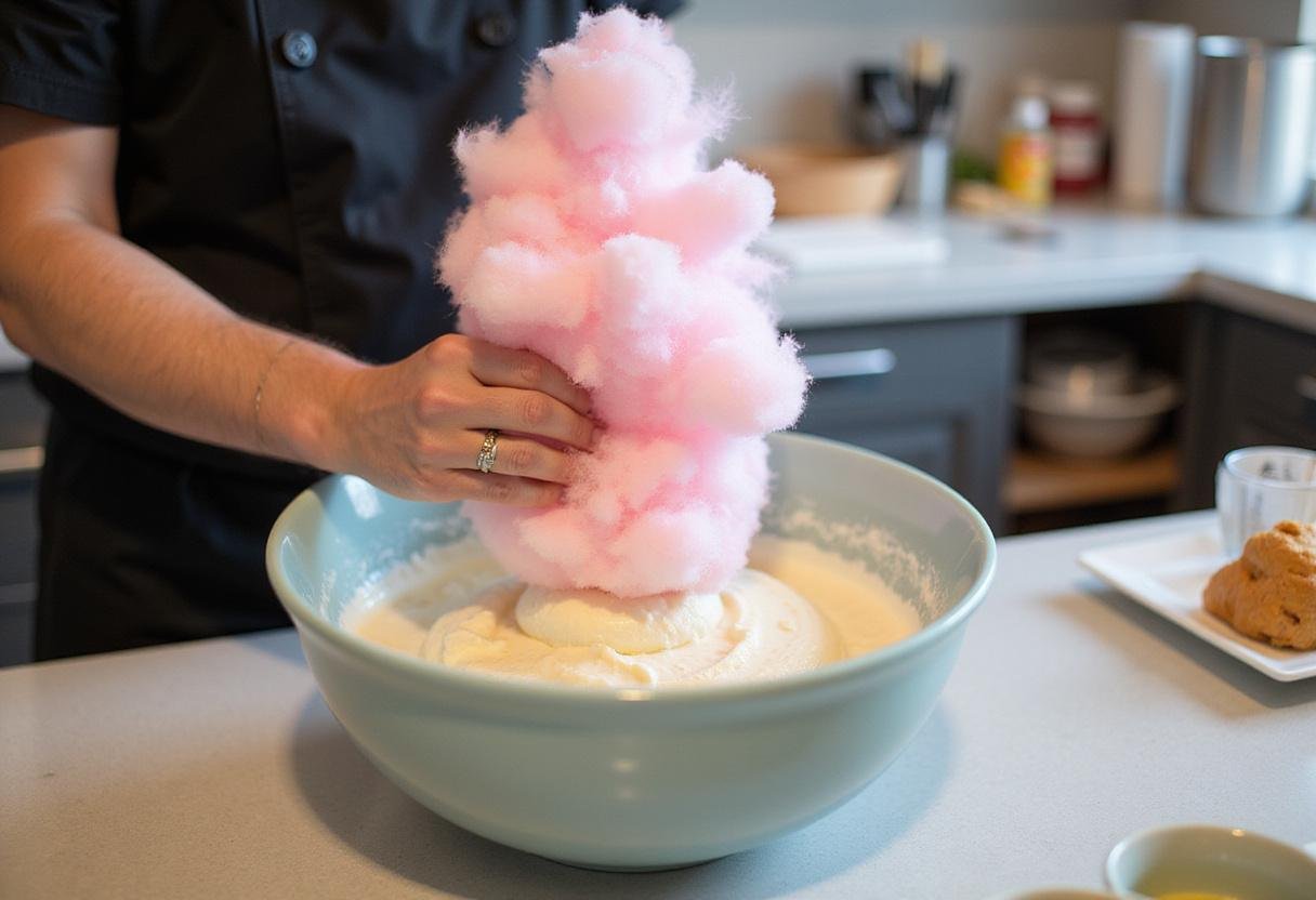 Chef folding cotton candy into ice cream mixture, creating cotton candy ice cream in a cheerful kitchen.