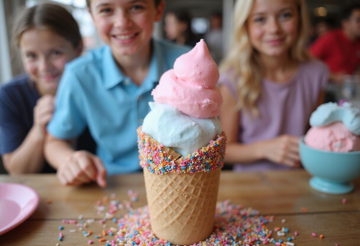 Scooping cotton candy ice cream into cones, vibrant toppings making a fun dessert experience.