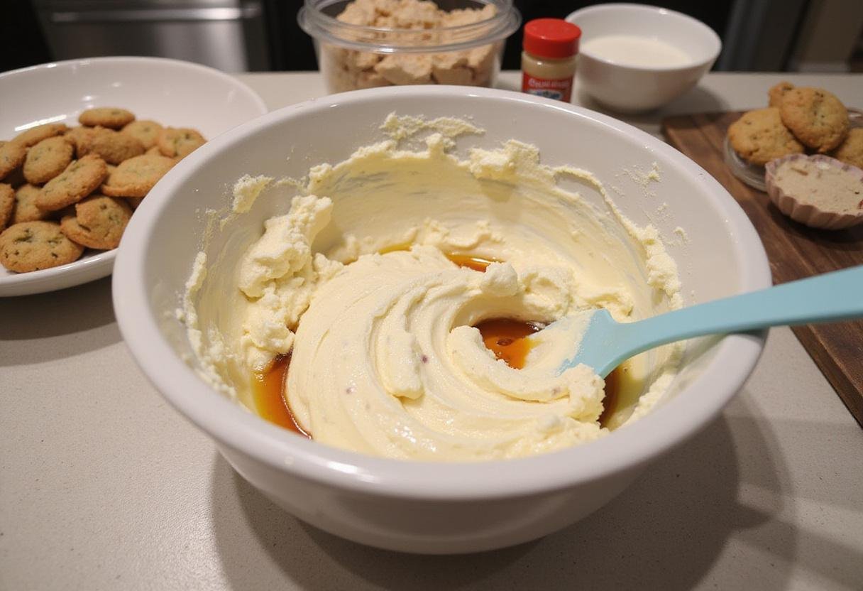 A delicious start to cheesecake cookie recipe with cream cheese, sugar, and vanilla being mixed for chocolate chip cheesecake cookies.