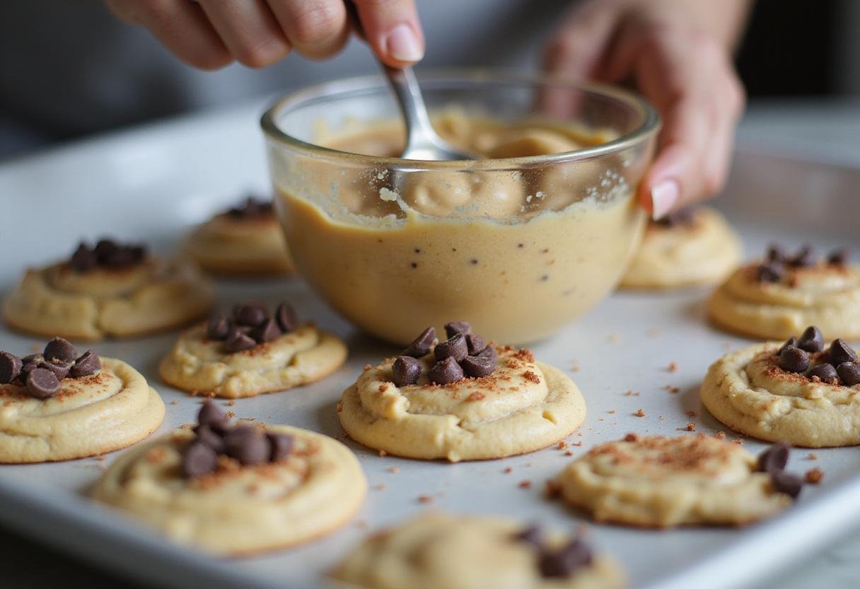 Preparing cheesecake stuffed chocolate chip cookies with chocolate chips and dough on a baking tray, perfect for cookie lovers.