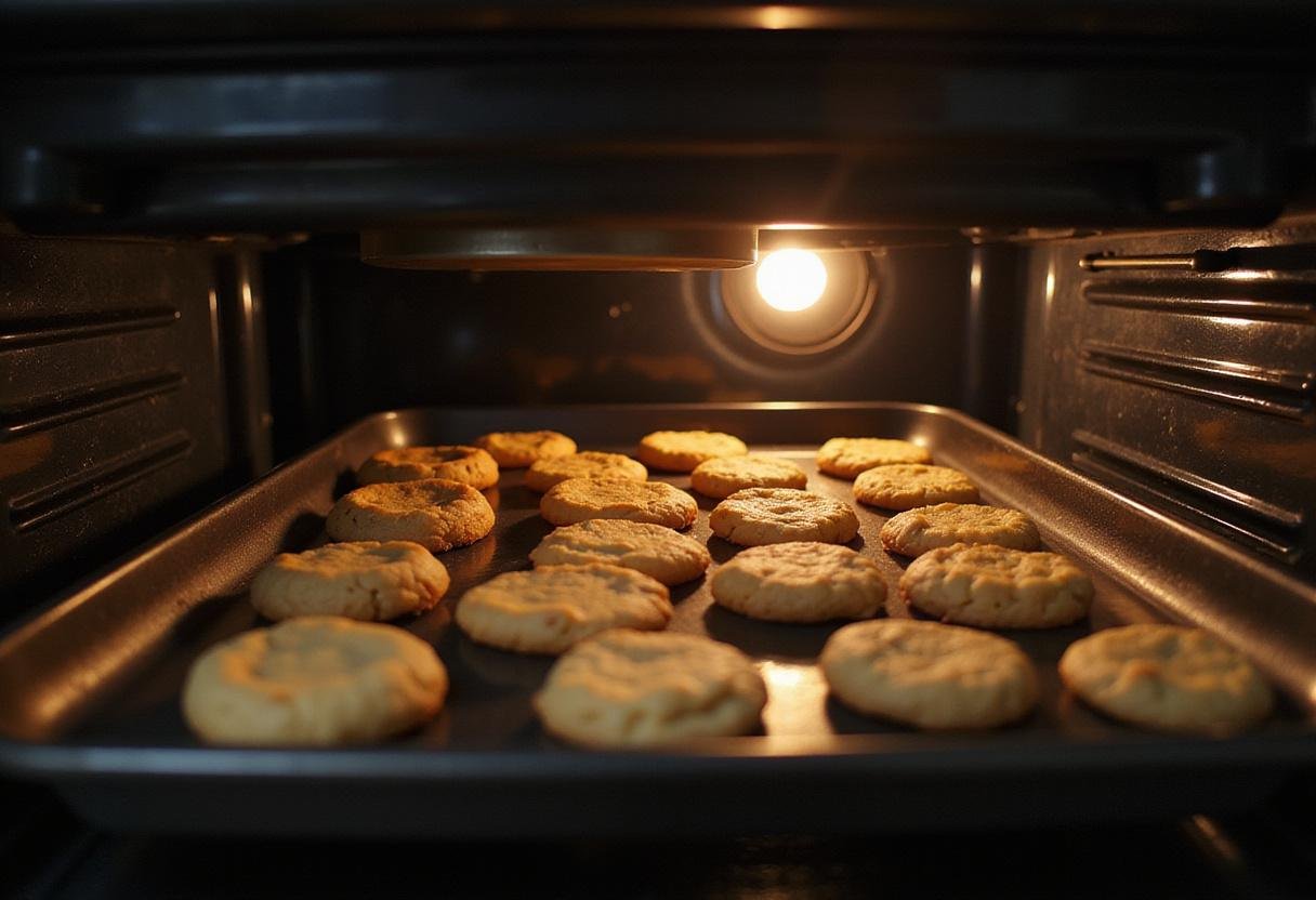 Baking process of cheesecake cookies in the oven, as chocolate chip cheesecake cookies begin to rise and become golden brown.