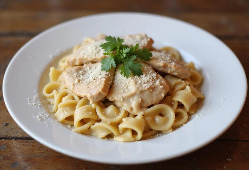Final presentation of marry me chicken pasta, showcasing creamy sauce coated chicken and pasta, perfect for a romantic dinner.