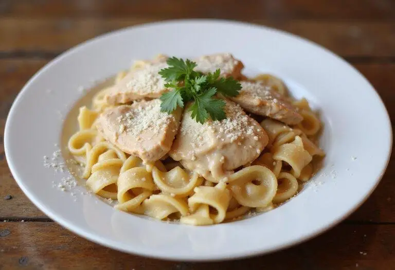 Final presentation of marry me chicken pasta, showcasing creamy sauce coated chicken and pasta, perfect for a romantic dinner.