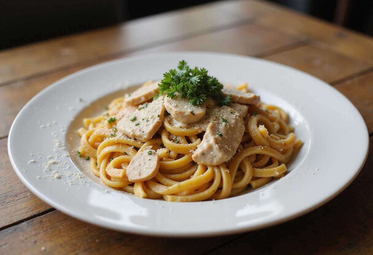 Final presentation of marry me chicken pasta, showcasing creamy sauce coated chicken and pasta, perfect for a romantic dinner.