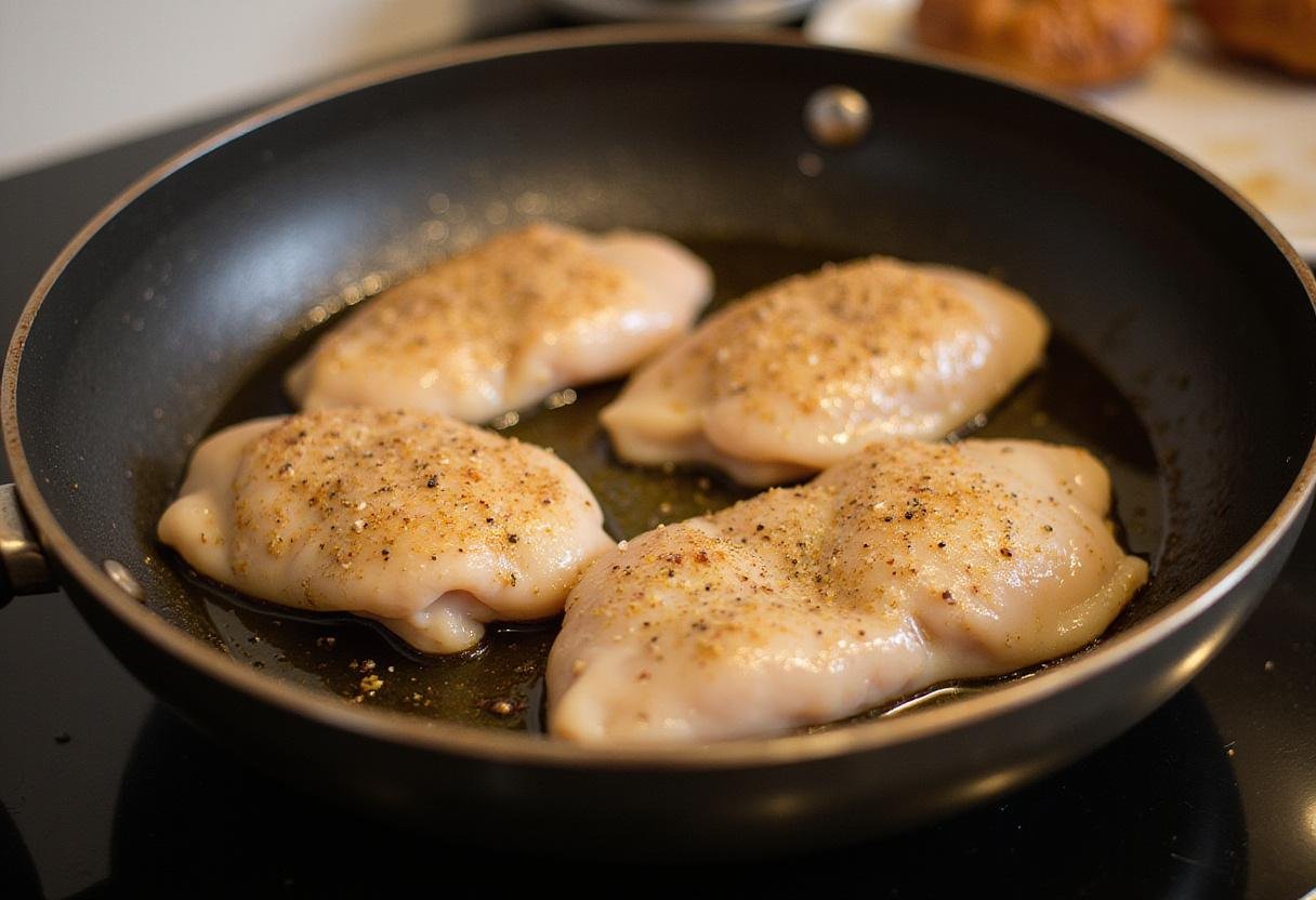 Cooking delicious marry me chicken pasta with sautéed chicken breasts in olive oil, seasoned perfectly for a flavorful dish.