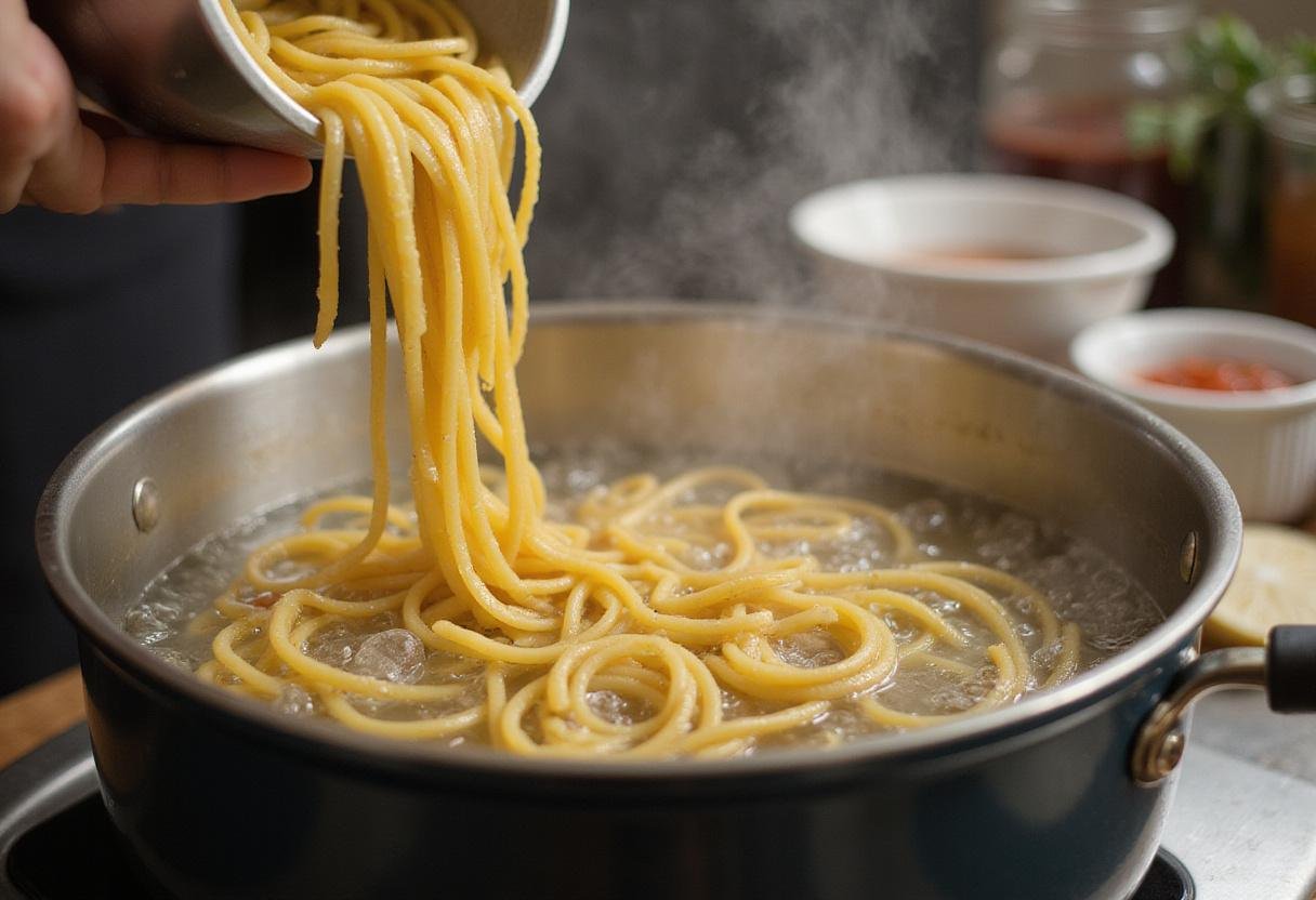 Preparing marry me chicken pasta, with pasta cooking in boiling water, ready to create a creamy sauce that complements the chicken.