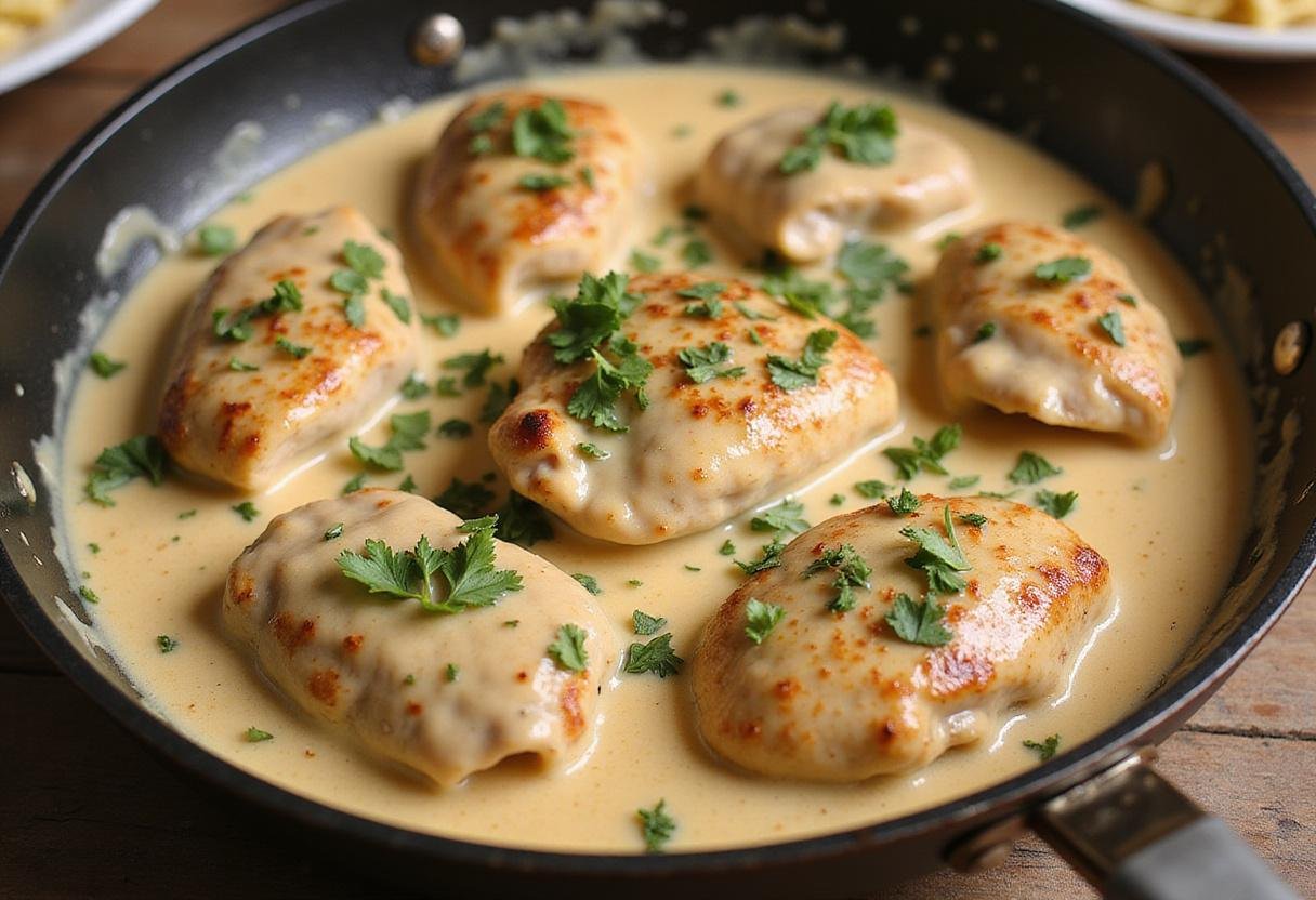 Combining juicy chicken with creamy sauce for marry me chicken pasta, garnished with parsley for added flavor and presentation.