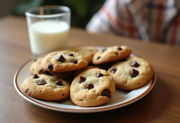 Delicious crisco chocolate chip cookies on a plate ready to be enjoyed with milk.