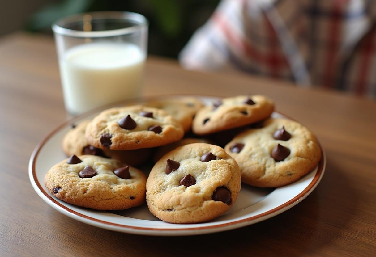 Delicious crisco chocolate chip cookies on a plate ready to be enjoyed with milk.
