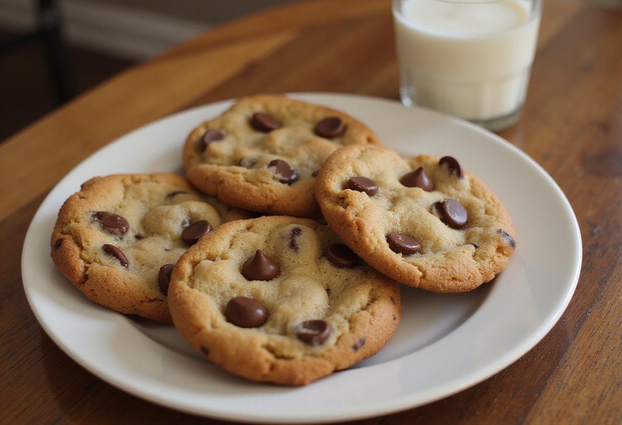 Delicious crisco chocolate chip cookies on a plate ready to be enjoyed with milk.