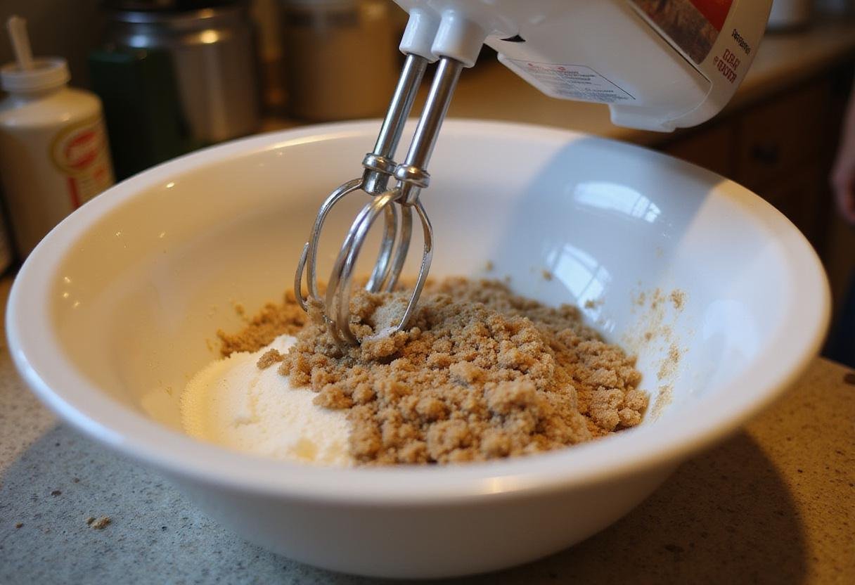 Mixing Crisco shortening with sugars for crisco chocolate chip cookies preparation.