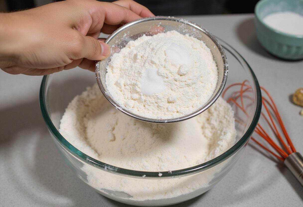 Sifting flour and baking soda blended for crisco chocolate chip cookies recipe.