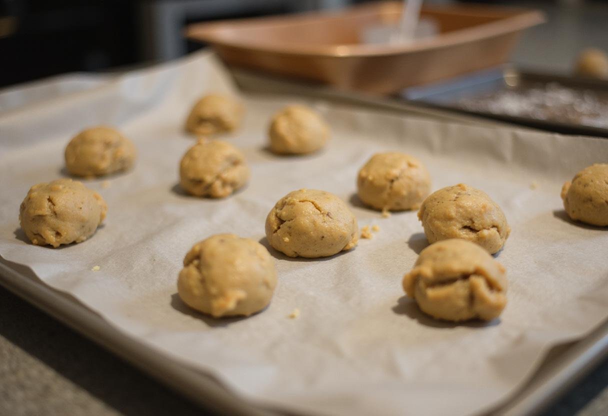 Placing cookie dough on a baking sheet for crisco chocolate chip cookies before baking.