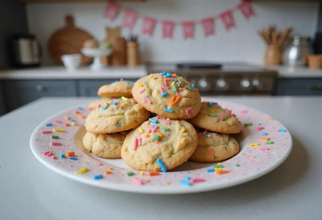 Final presentation of crumbl birthday cookies on a plate, showcasing their vibrant colors and festive sprinkles, perfect for any celebration.