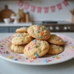 Final presentation of crumbl birthday cookies on a plate, showcasing their vibrant colors and festive sprinkles, perfect for any celebration.