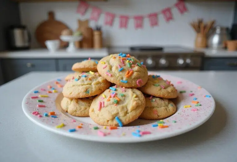 Final presentation of crumbl birthday cookies on a plate, showcasing their vibrant colors and festive sprinkles, perfect for any celebration.