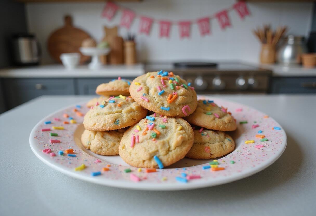 Final presentation of crumbl birthday cookies on a plate, showcasing their vibrant colors and festive sprinkles, perfect for any celebration.