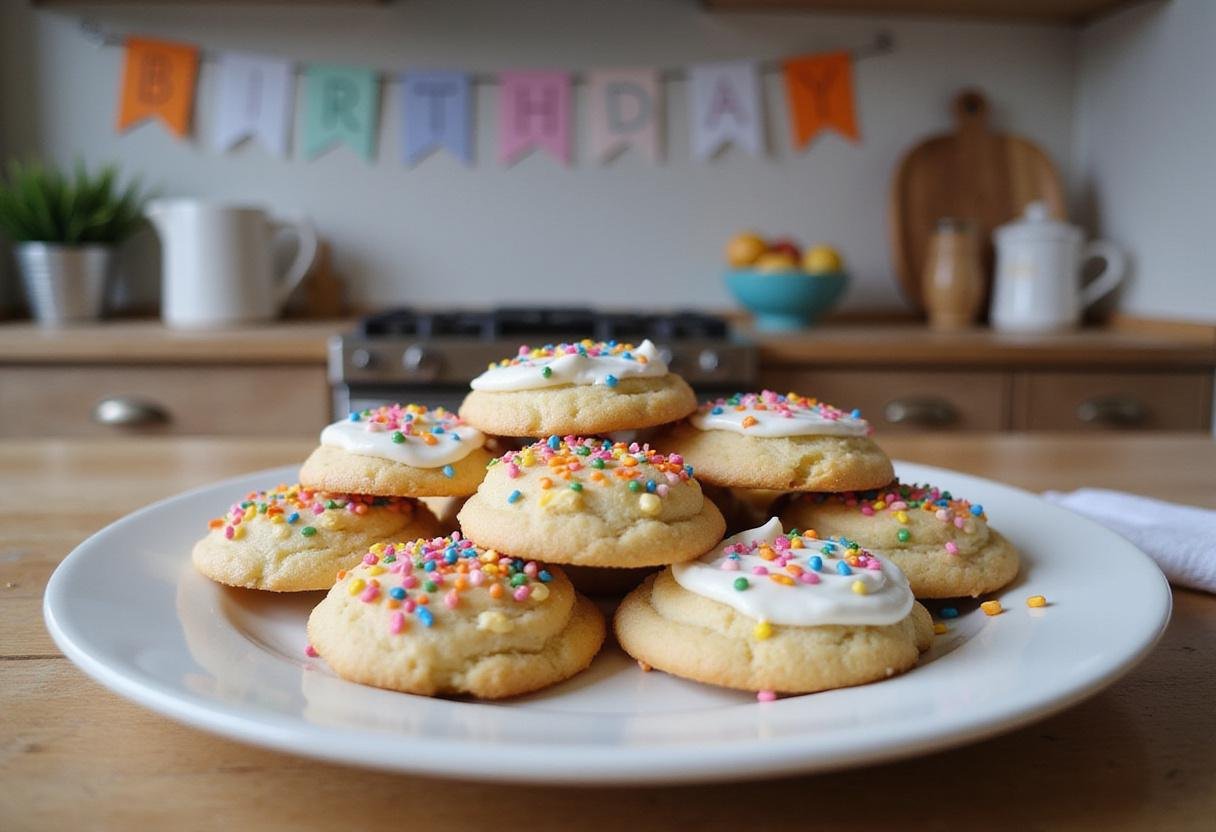 Final presentation of crumbl birthday cookies on a plate, showcasing their vibrant colors and festive sprinkles, perfect for any celebration.
