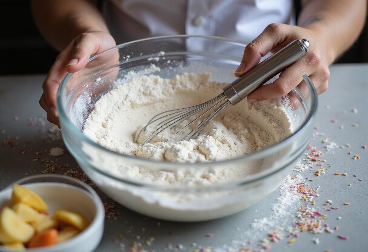 Mixing dry ingredients for crumbl birthday cookie with flour and sugar in a large bowl, showcasing a cheerful kitchen environment.