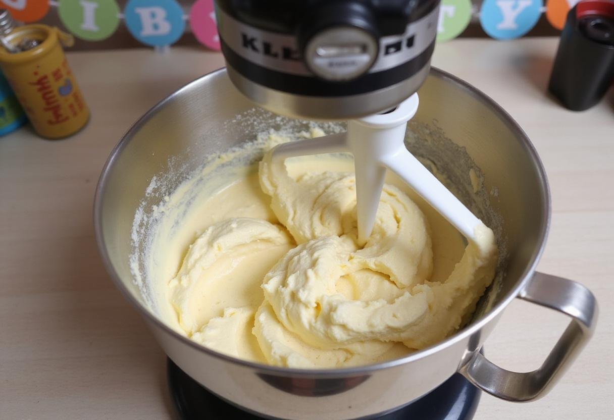 Creaming butter and sugar for crumbl birthday cookie using a stand mixer in a festive kitchen setting.