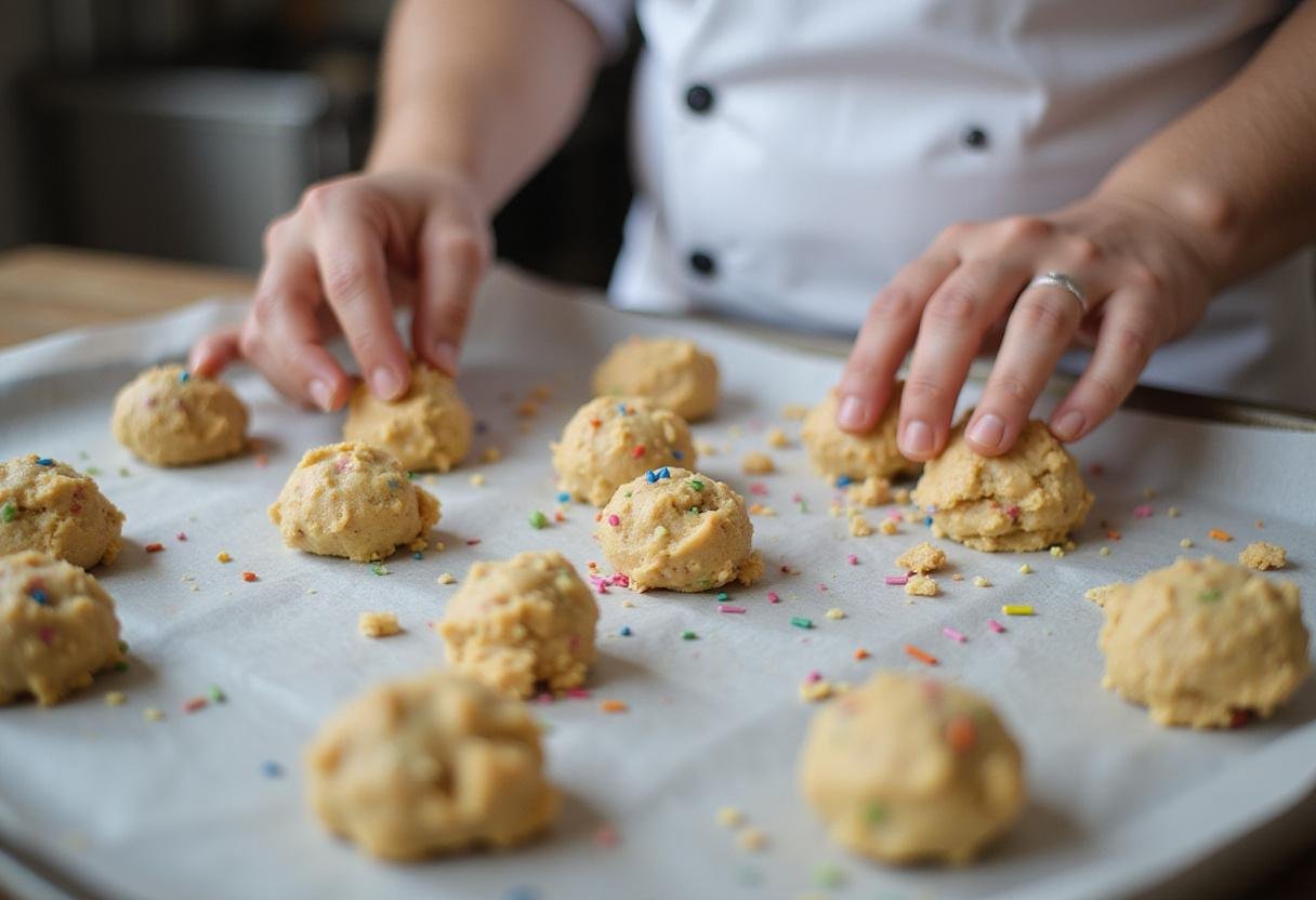 Portioning cookie dough for crumbl birthday cookies onto a baking sheet with an array of colorful sprinkles in a bright kitchen.