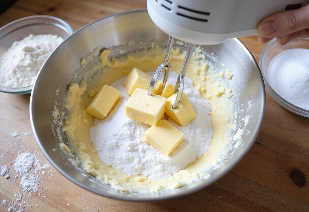 Crumbl cookie recipe showing the creaming of sugar and butter for a delicious cookie dough.