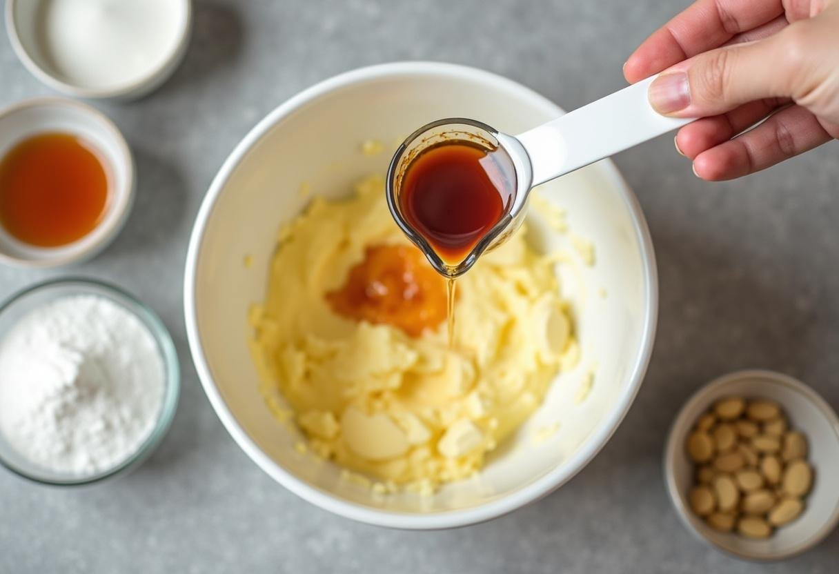 Step in crumbl cookies recipe where vanilla extract is added, enhancing the flavor of the cookie dough.