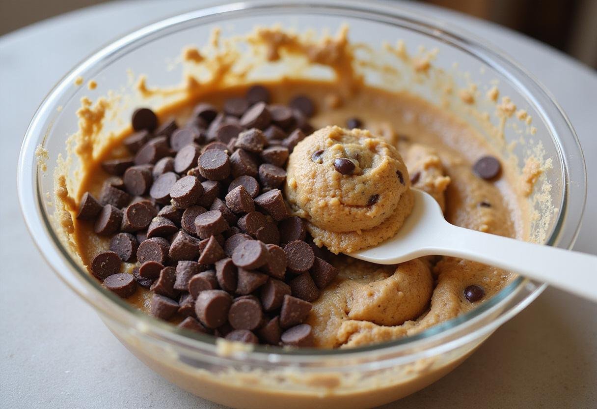 Crumble cookie recipes showing the addition of chocolate chips into the luscious cookie dough mix.