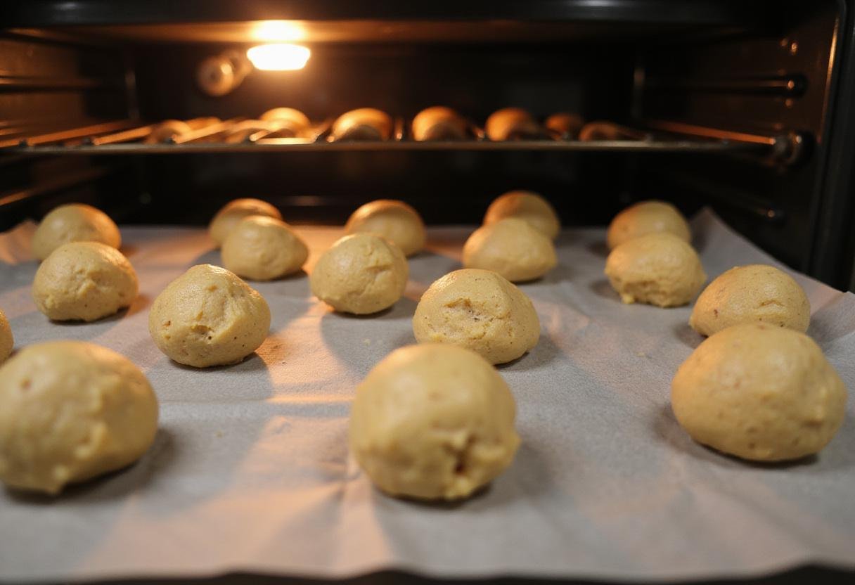Preparing crumbl cookies by placing cookie dough balls on a baking sheet for baking.