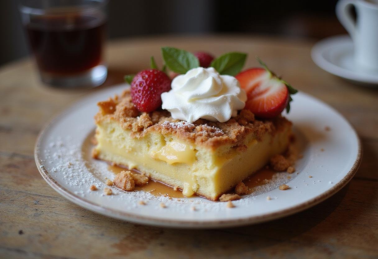 A delicious slice of crumbl tres leches cake, beautifully presented with whipped cream and fruit, ideal for dessert lovers.