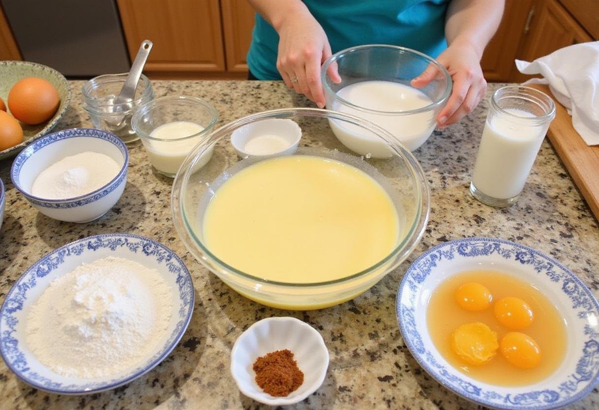 Gathering ingredients for crumbl tres leches cake, including flour, eggs, and milk on a kitchen counter.
