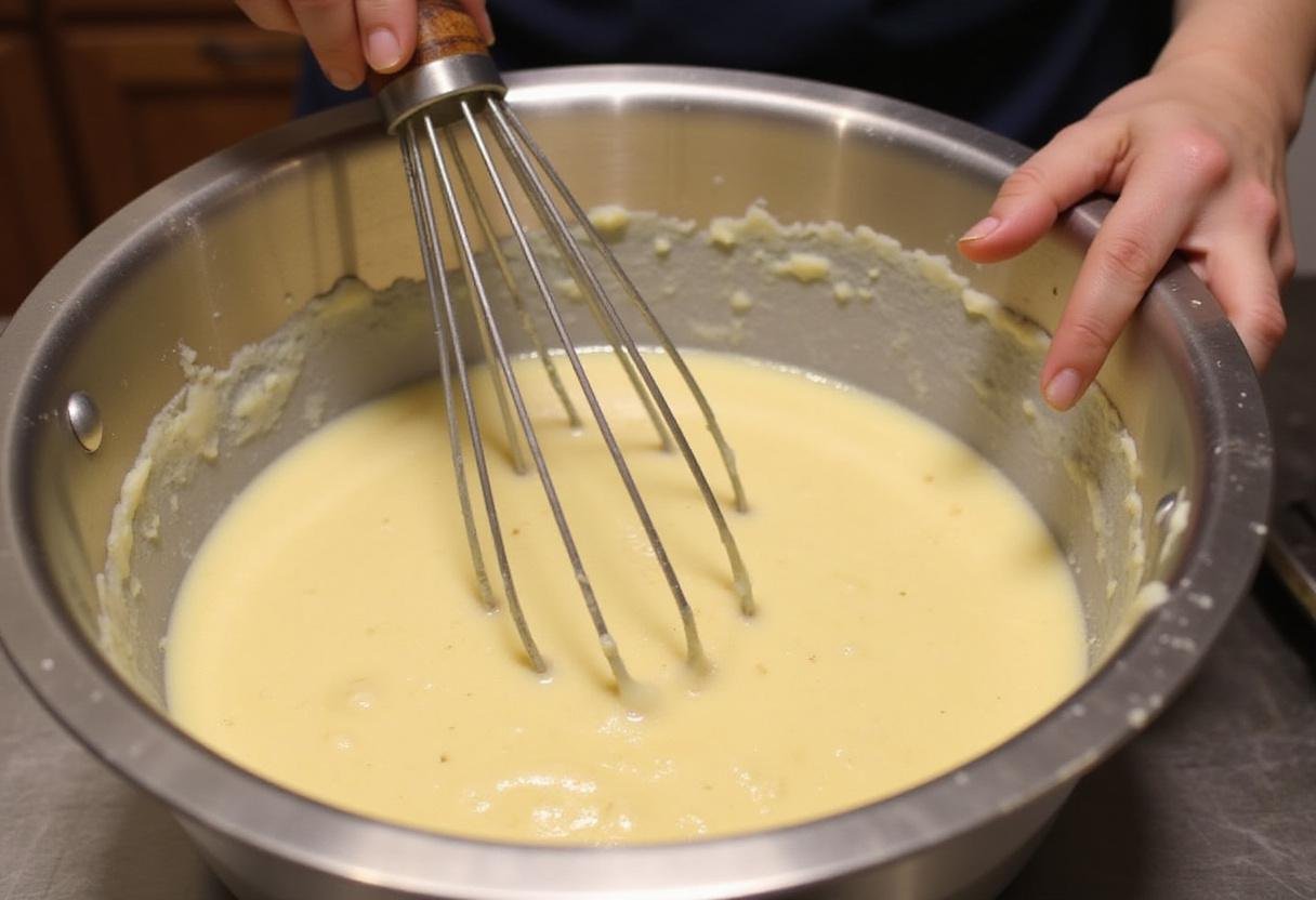 Whisking a fluffy batter for a tres leches cake crumbl in a mixing bowl, highlighting the blending of ingredients.