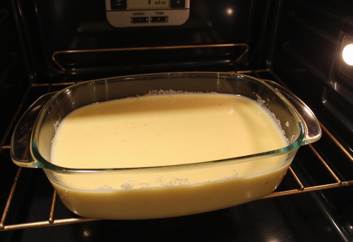 Baking tres leches cake crumbl in the oven, with the batter in a dish and a timer ready, showcasing a cozy kitchen setup.
