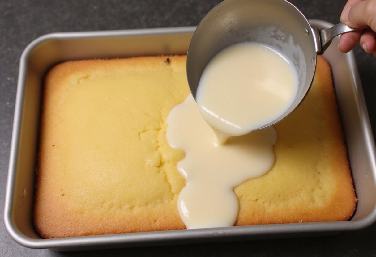 Soaking a tres leches cake crumbl with milk mixture, ensuring the cake is perfectly moist and ready for serving.