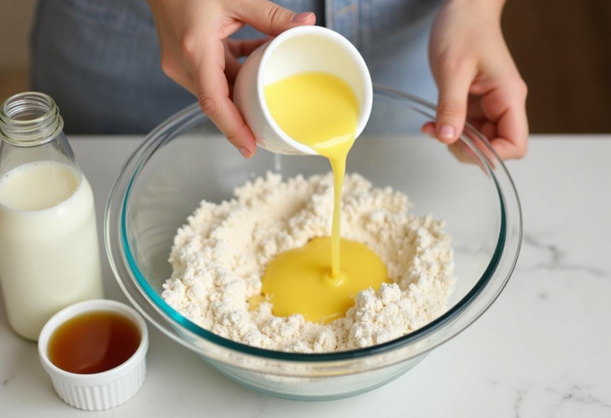 Combining wet ingredients with dry ingredients for dairy free cookie recipes with melted coconut oil, almond milk, and vanilla extract.