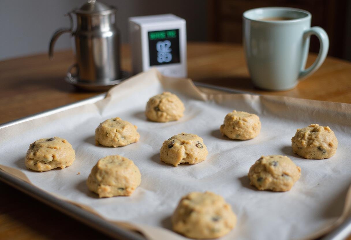 Preparing cookie dough balls for dairy free cookie recipes on a baking tray, with a cozy kitchen setting.