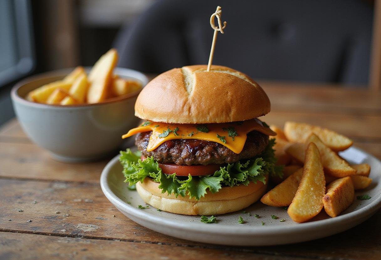 Final display of a gourmet deer burger, highlighting the elk burger recipe with bright colors and appealing presentation.