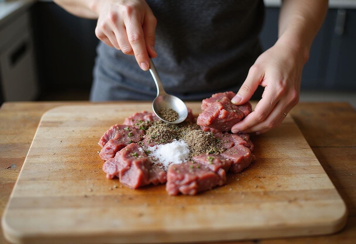 Ground deer meat seasoned for deer burger recipes on a wooden cutting board, showing herbs and spices for flavor.