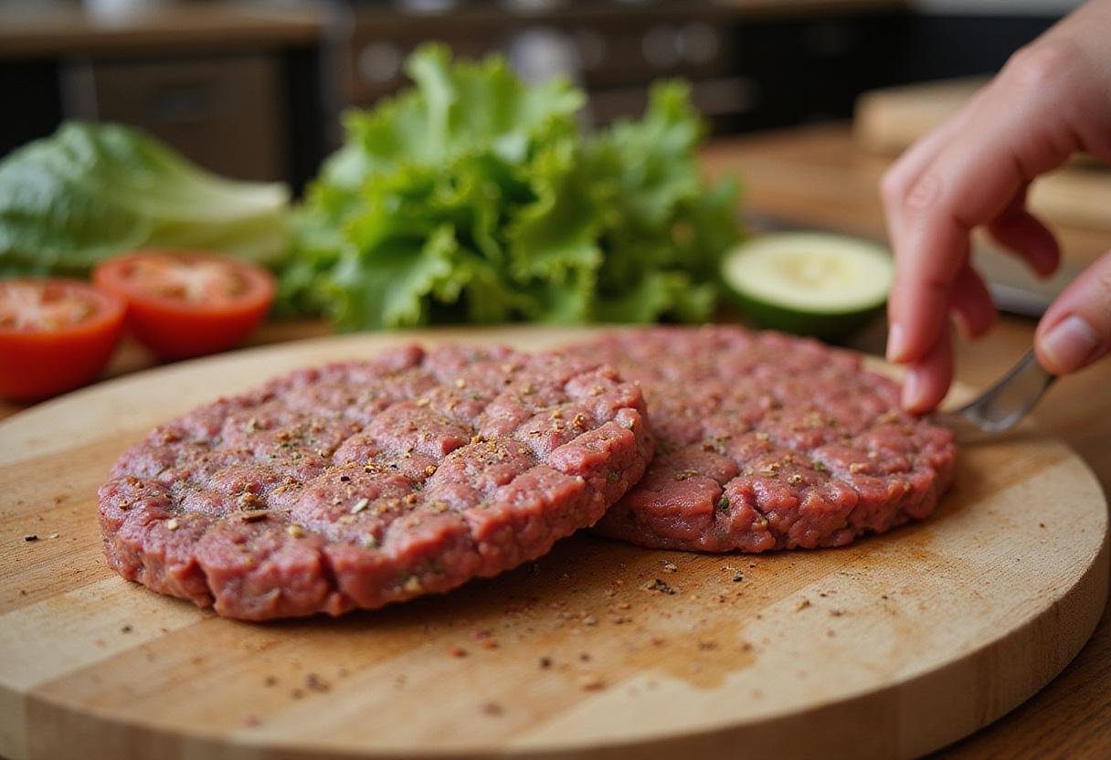 Shaping burger patties from seasoned ground deer meat for elk burger recipes, surrounded by fresh ingredients.