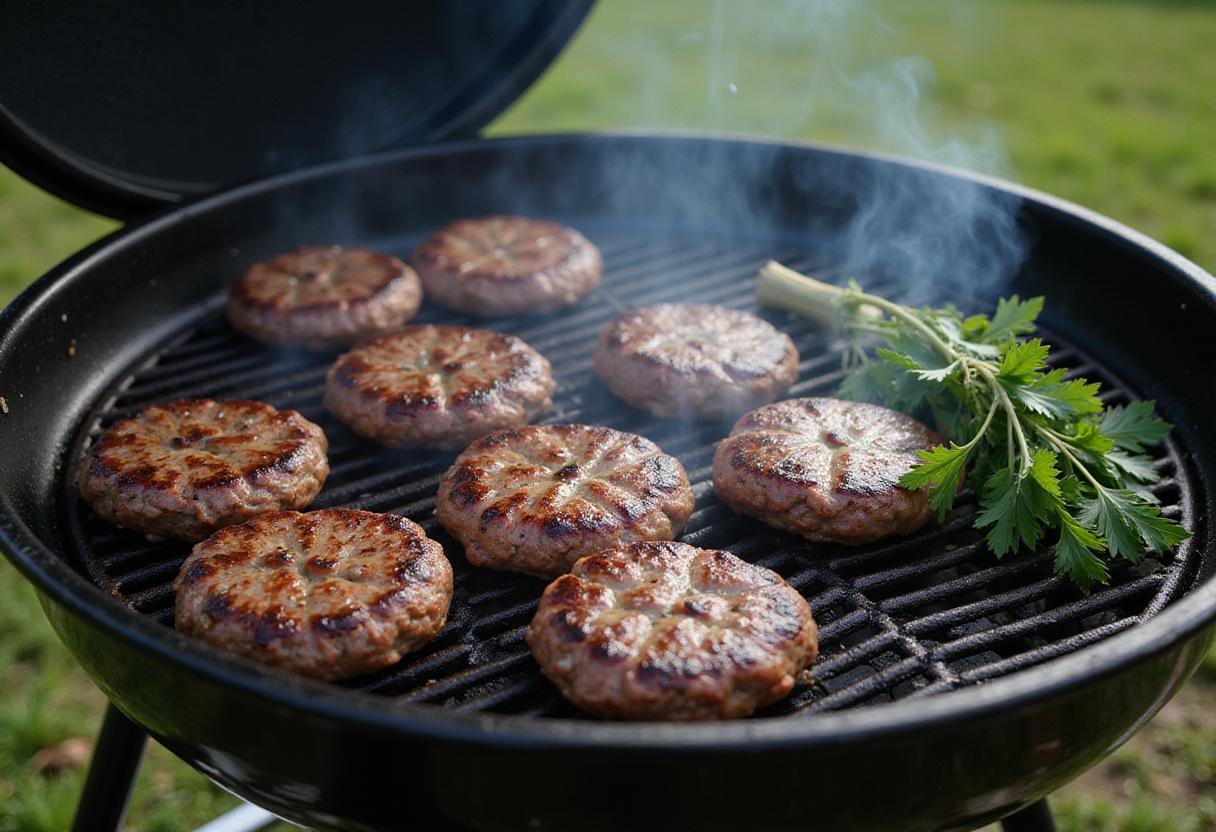 Sizzling deer burger patties on a grill, capturing the essence of elk burger recipe preparation with perfect grill marks.