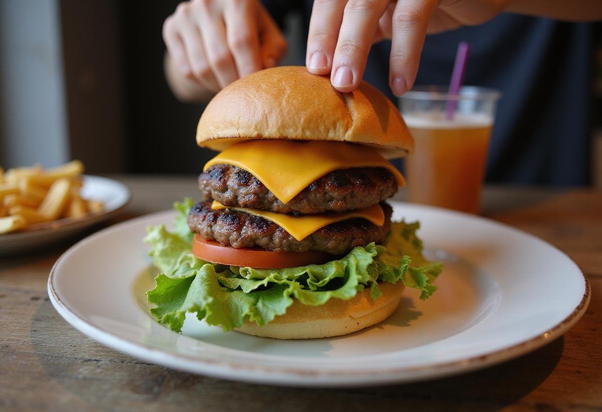 Assembling a delicious deer burger with toppings and sides, showcasing the elk burger recipe's appeal.