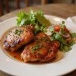 Delicious air fryer BBQ chicken thighs served with fresh herbs and salad, perfect for a wholesome meal.