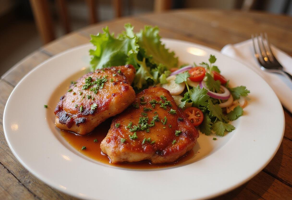 Delicious air fryer BBQ chicken thighs served with fresh herbs and salad, perfect for a wholesome meal.