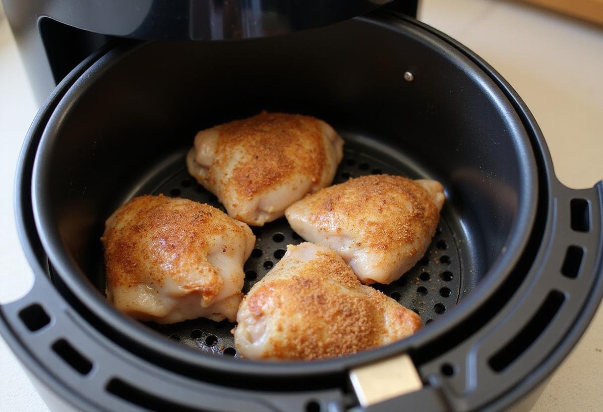 Placing seasoned BBQ chicken thighs in an air fryer basket for a quick and healthy cooking method.