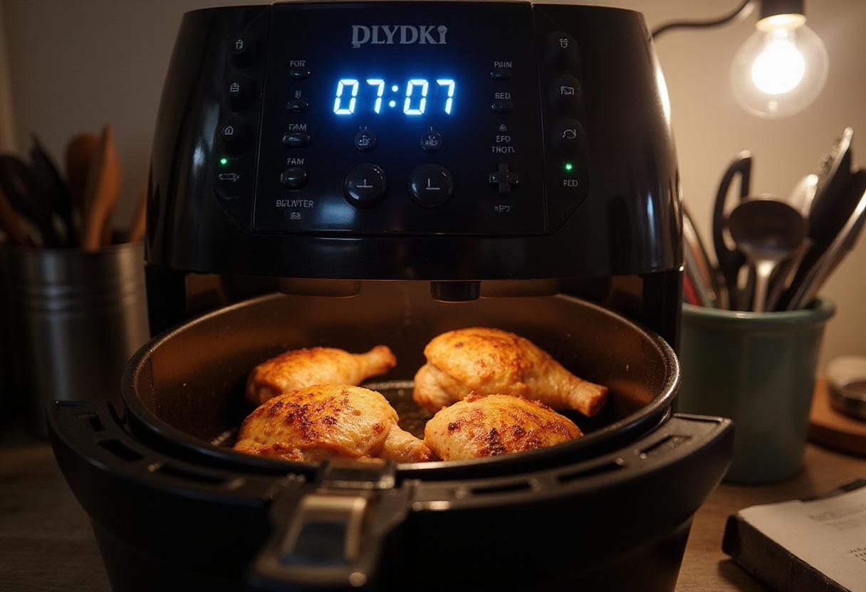 Cooking air fryer BBQ chicken thighs displayed on the timer, highlighting a convenient cooking process.